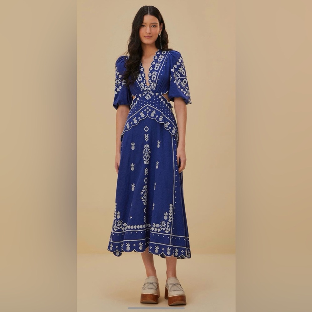 Farm Rio Navy Blue embroidered midi dress - XS